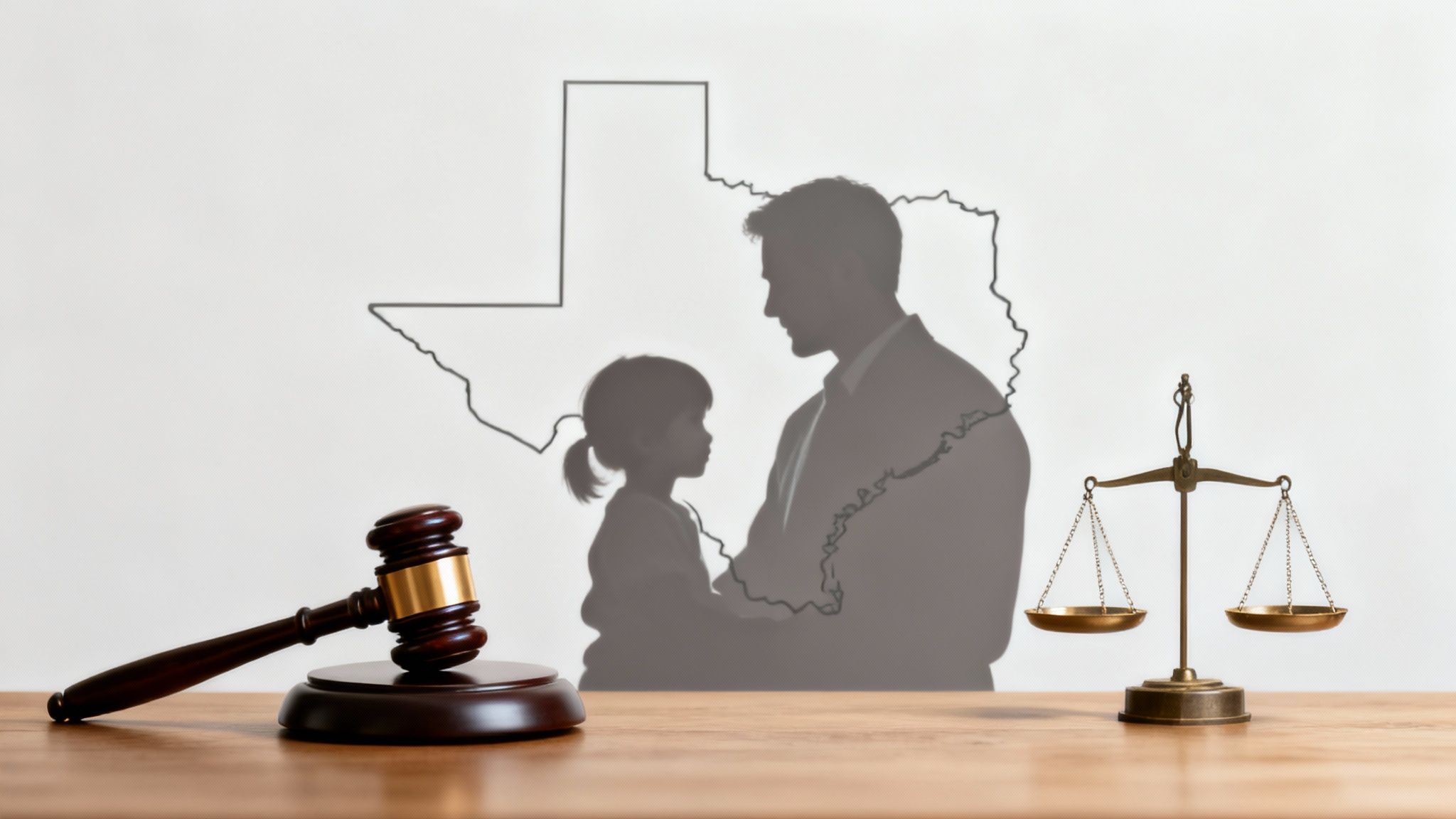 Texas family law concept with gavel scales of justice and parent child silhouette