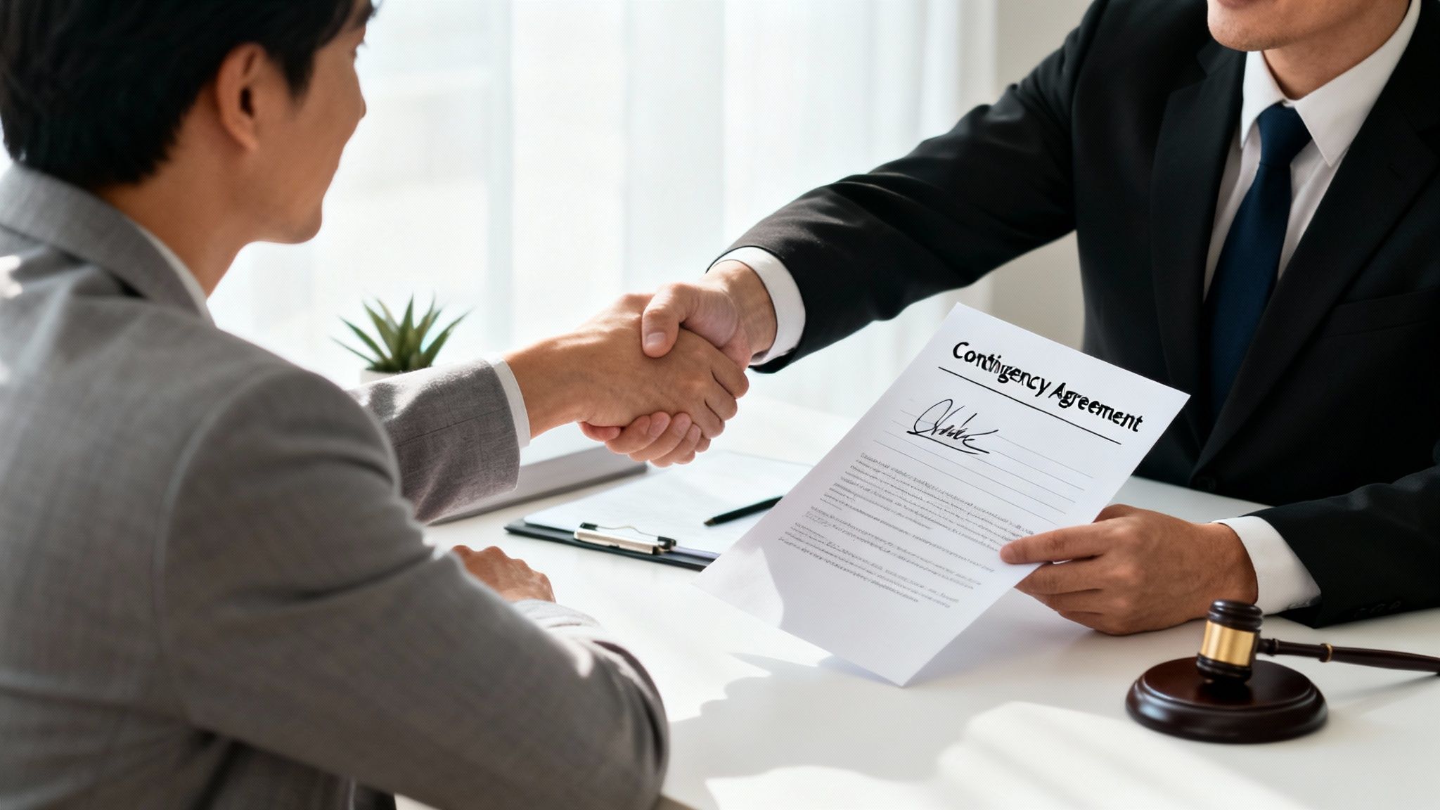 A lawyer and client shake hands over a signed contingency agreement with a gavel on the desk.