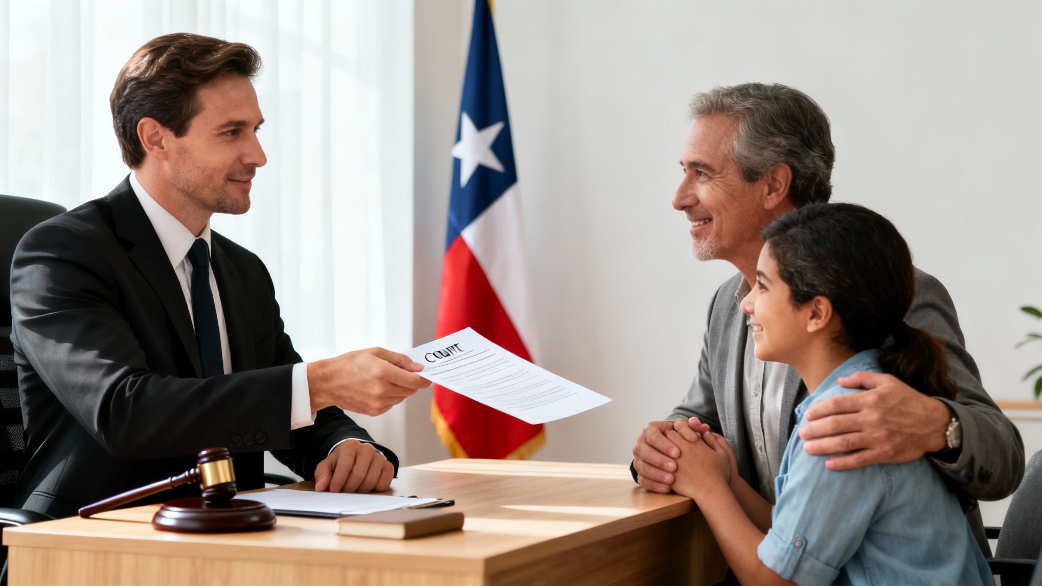 A smiling lawyer hands a court document to a happy man and a young girl in an office with a flag.