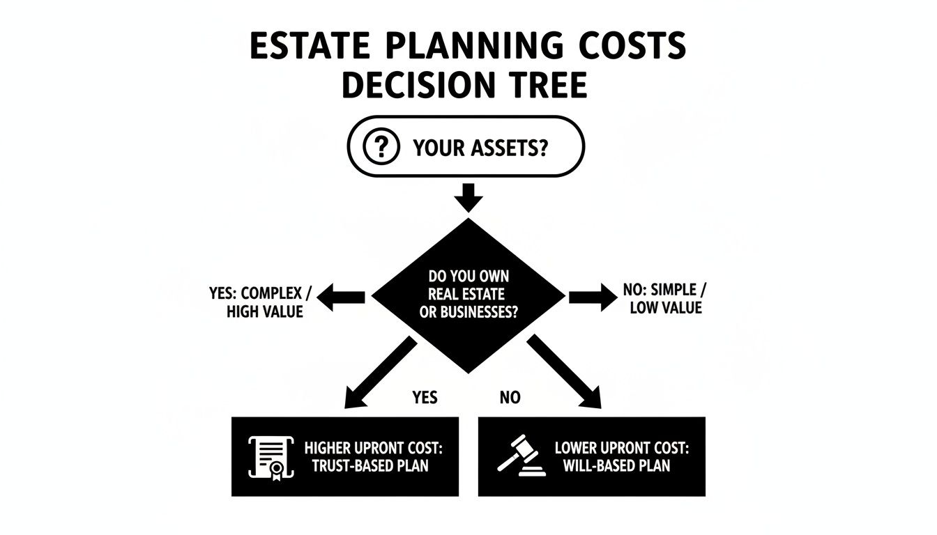 Decision tree illustrating estate planning costs, guiding users from assets to will-based or trust-based plans.