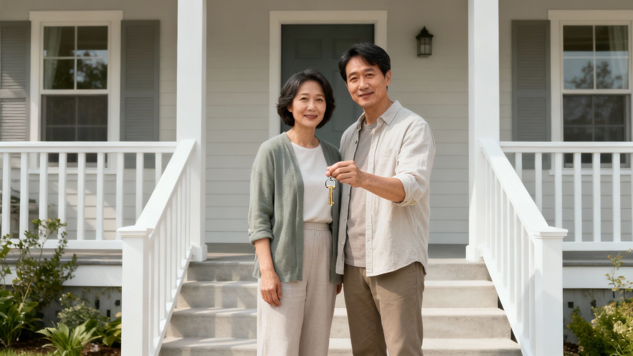 Couple standing on porch holding house keys, symbolizing home ownership and the process of securing property after a loved one's passing in the context of Muniment of Title in Texas.