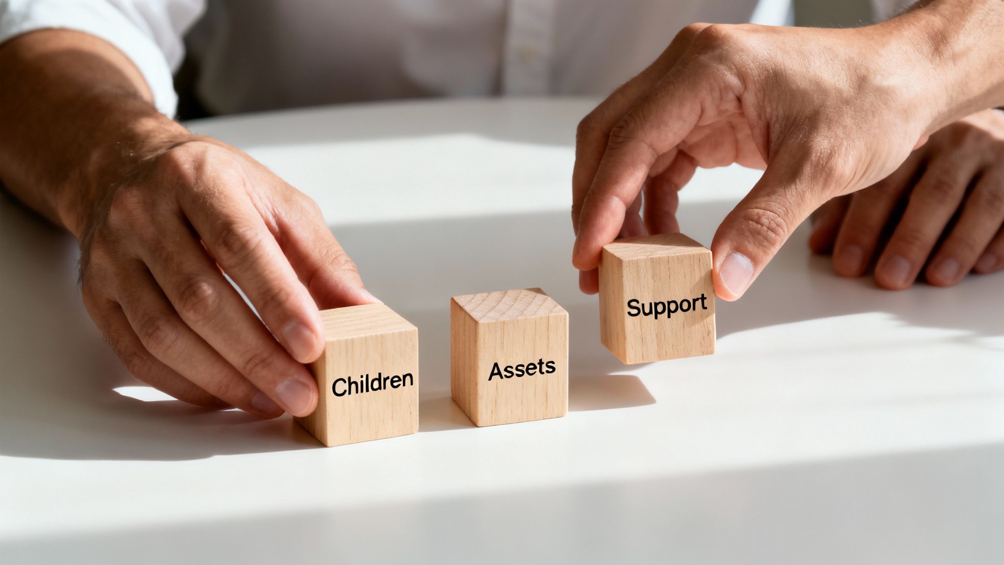Hands arranging wooden blocks labeled 'Children', 'Assets', 'Support' on a white table, symbolizing divorce mediation.