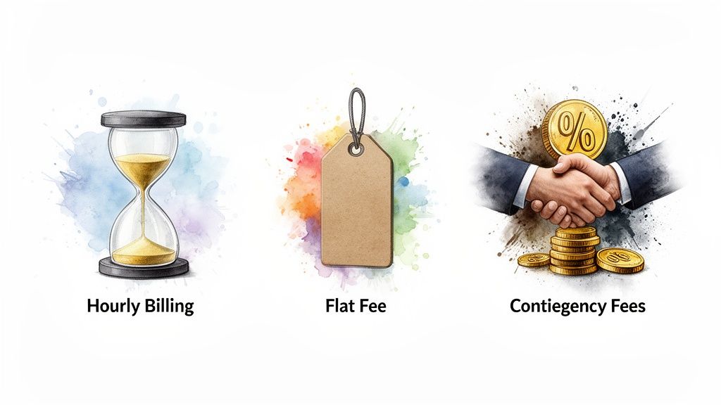 Three icons representing legal fee structures: hourly billing, flat fee, and contingency fees.