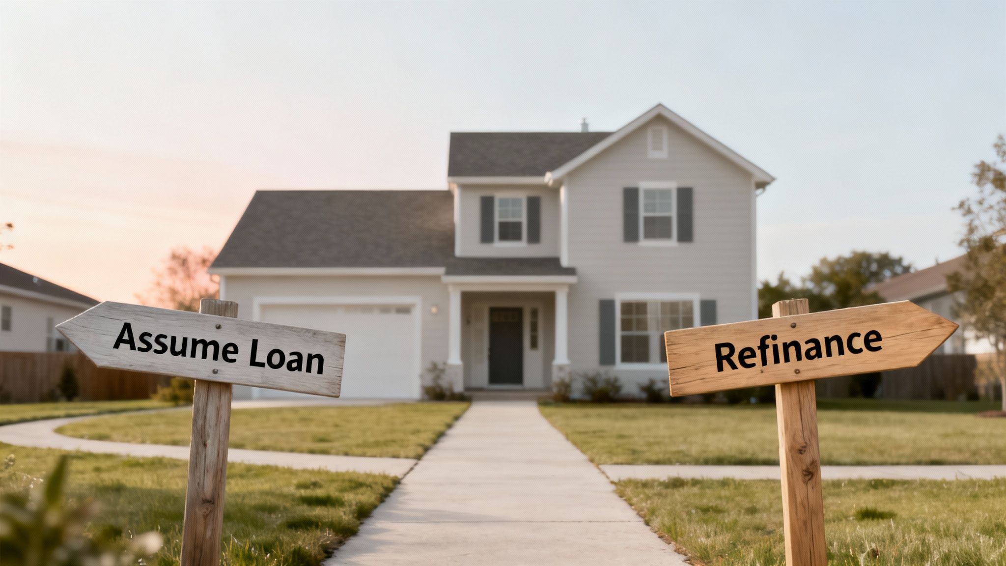 Two wooden signs, 'Assume Loan' and 'Refinance', standing in front of a house on a green lawn.