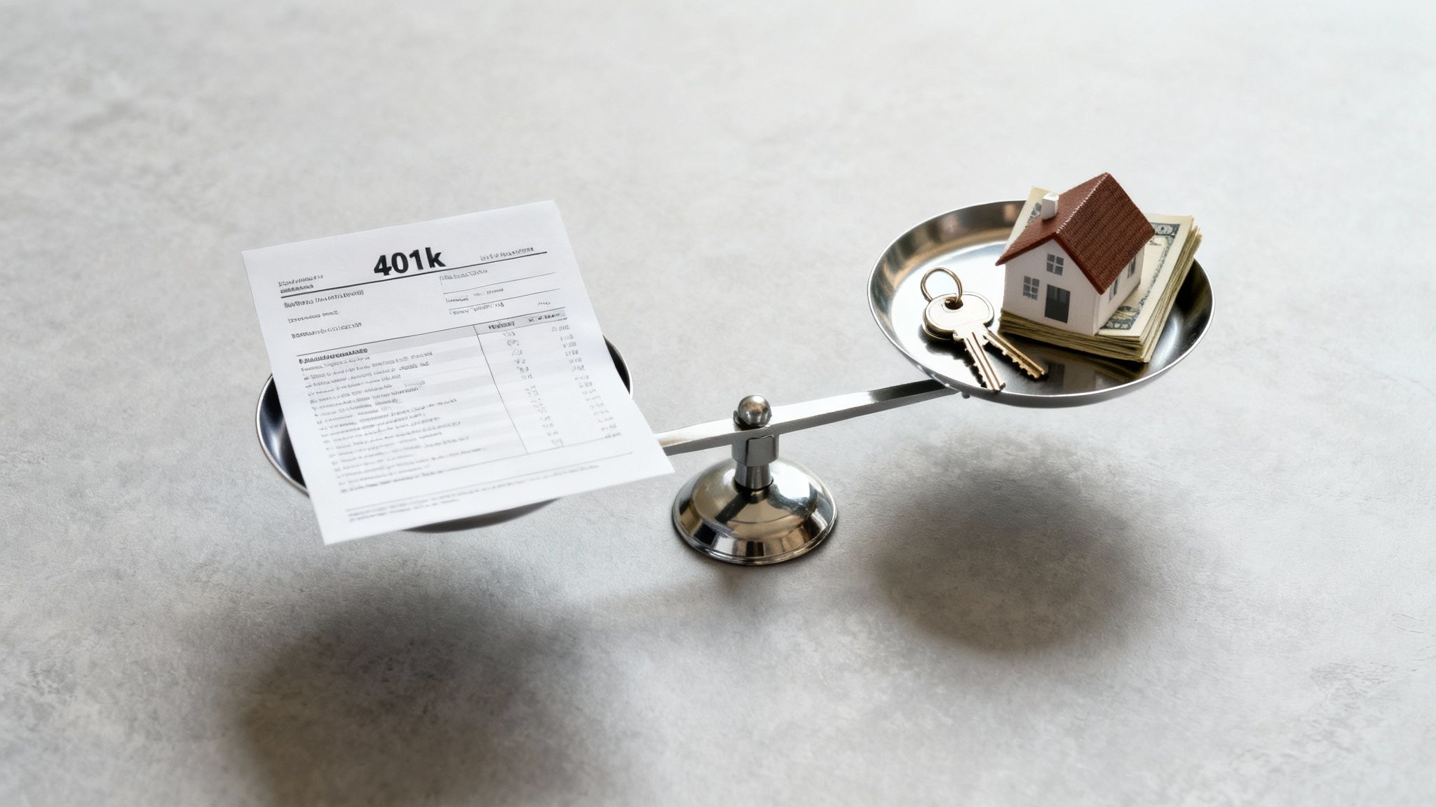 A balance scale weighing a 401k document against a miniature house, cash, and keys.