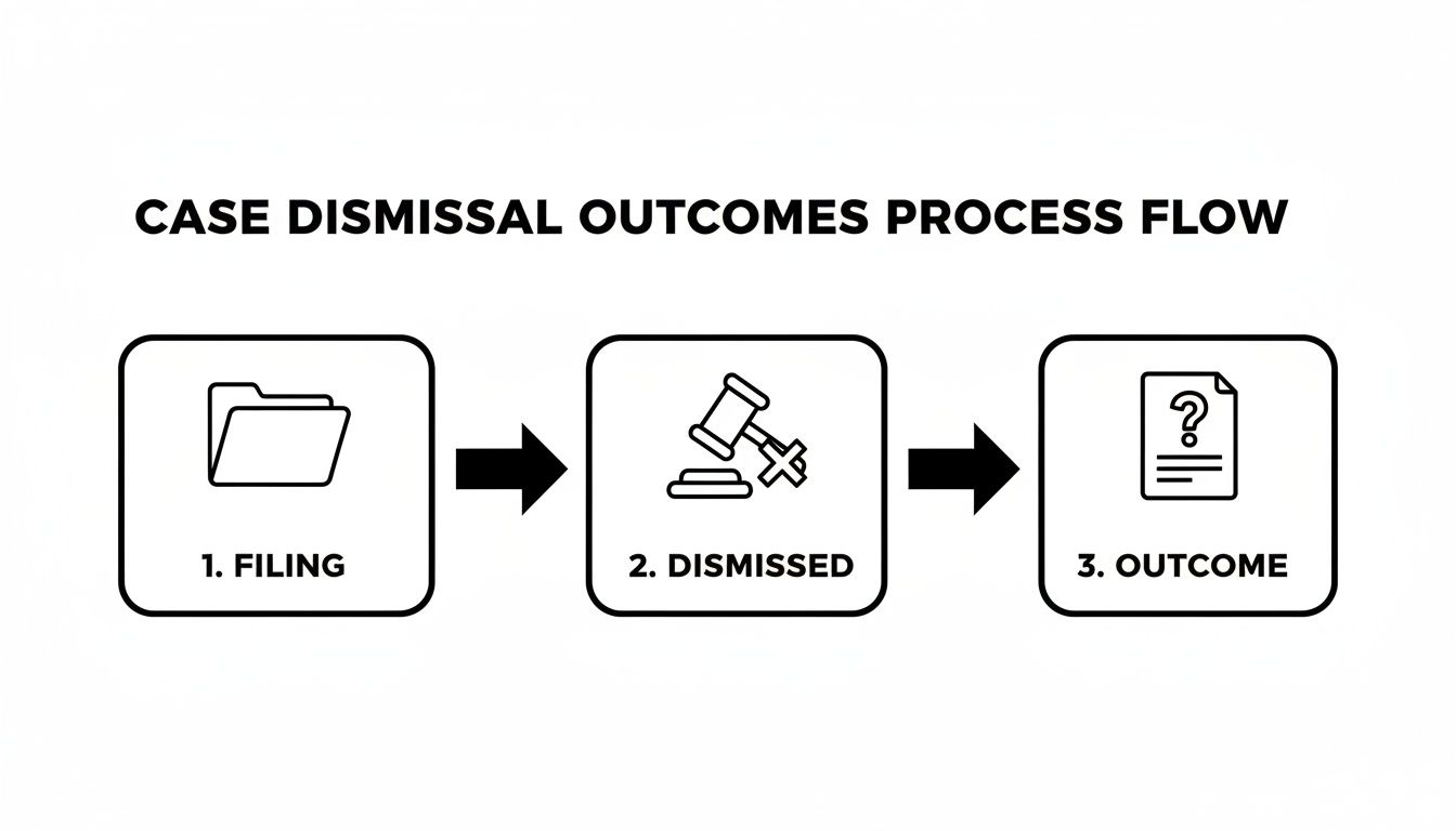 Case dismissal outcomes process flow diagram illustrating steps: 1. Filing, 2. Dismissed, 3. Outcome, relevant to legal procedures for dismissals in Texas.