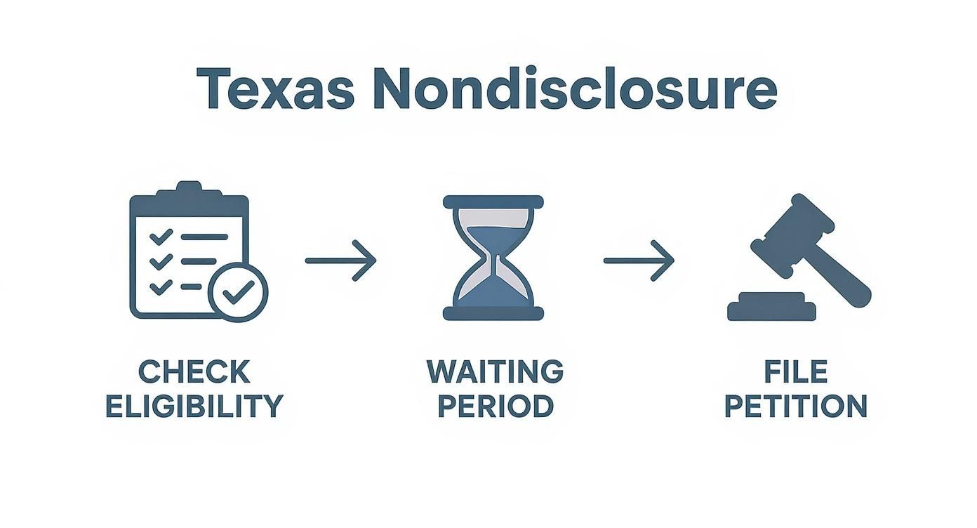 Flowchart illustrating the Texas Nondisclosure process: checking eligibility, waiting period, and filing a petition.