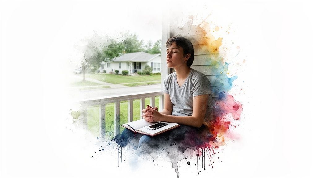 A person with closed eyes sits on a porch with a notebook, contemplating, with watercolor effects.