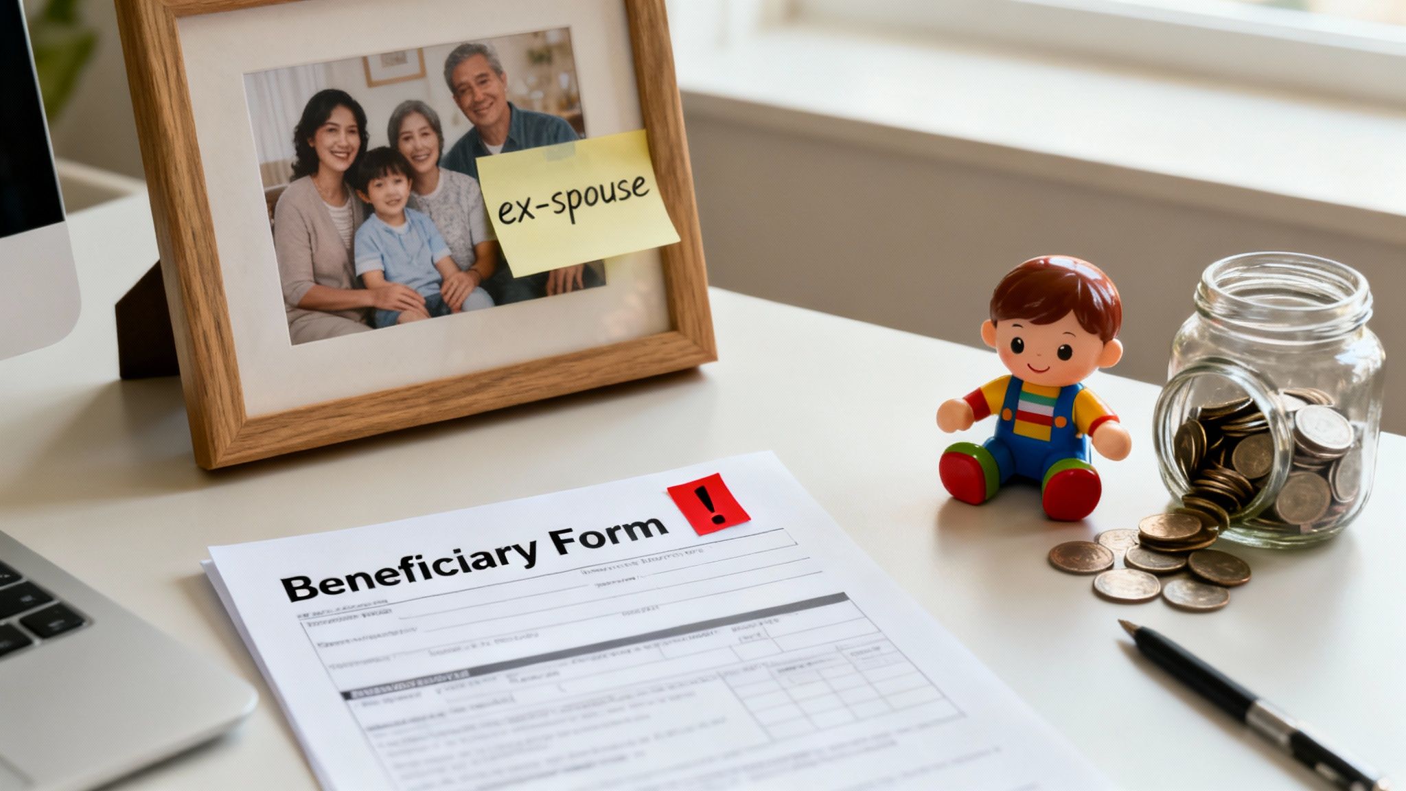A desk setup with a framed family photo, a sticky note saying 'ex-spouse', a beneficiary form, and coins.