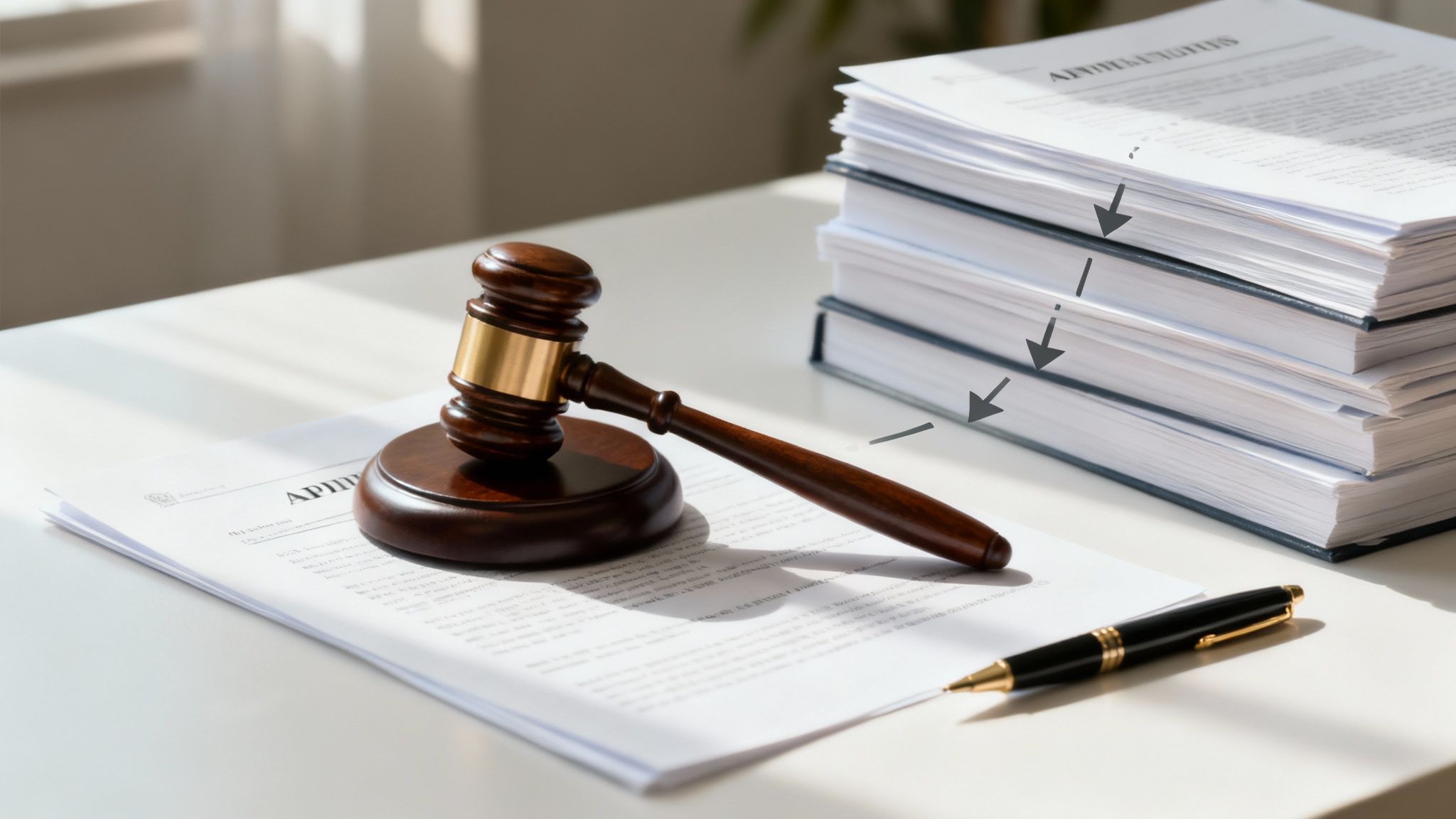 Gavel resting on legal documents with stacked files and a pen, symbolizing the Texas appeals process in family law cases.