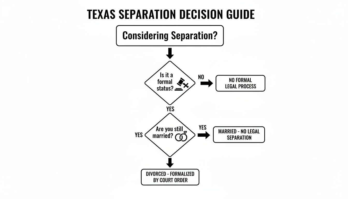A Texas separation decision guide flowchart explaining legal status, marriage, and divorce formalization process.
