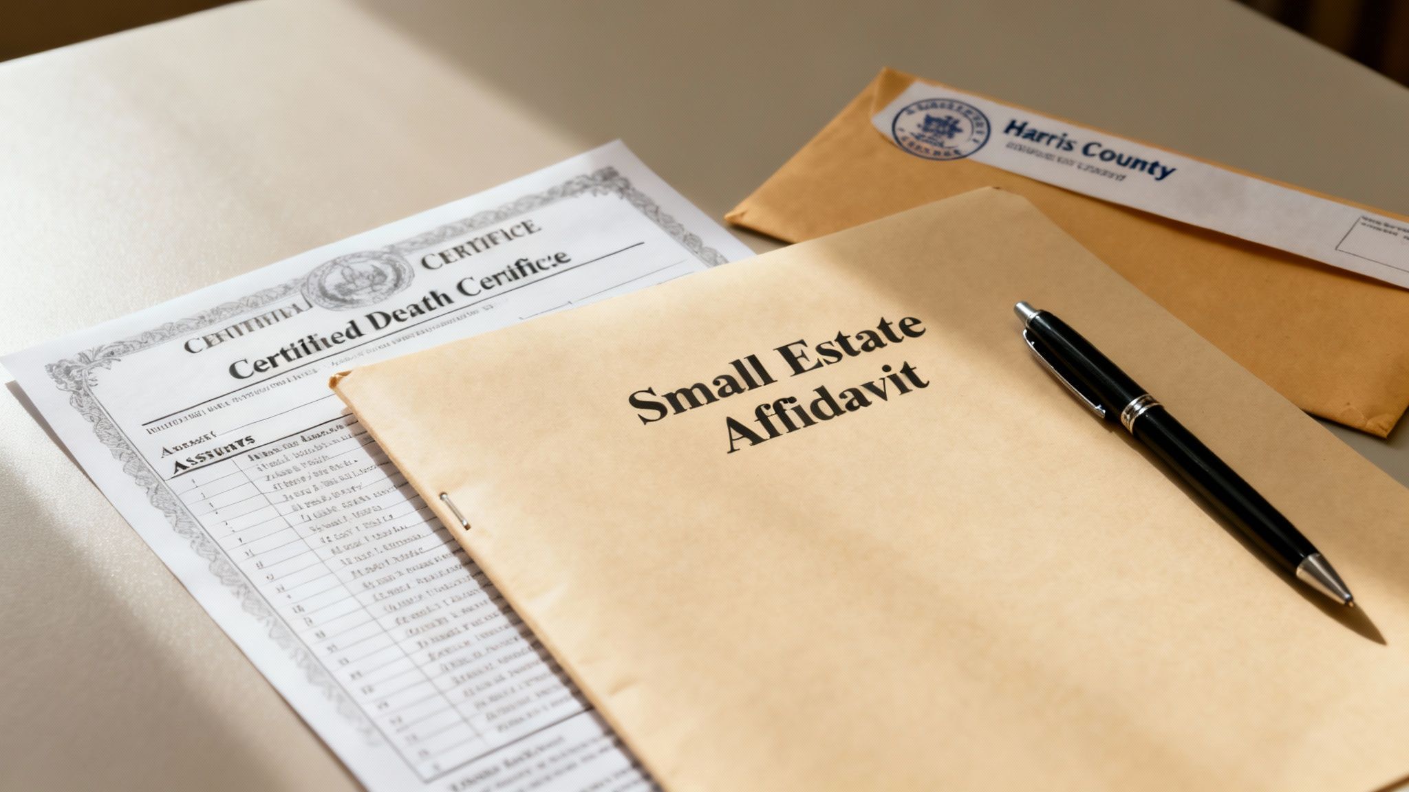 Documents for a small estate affidavit including a death certificate, pen, and a Harris County envelope.
