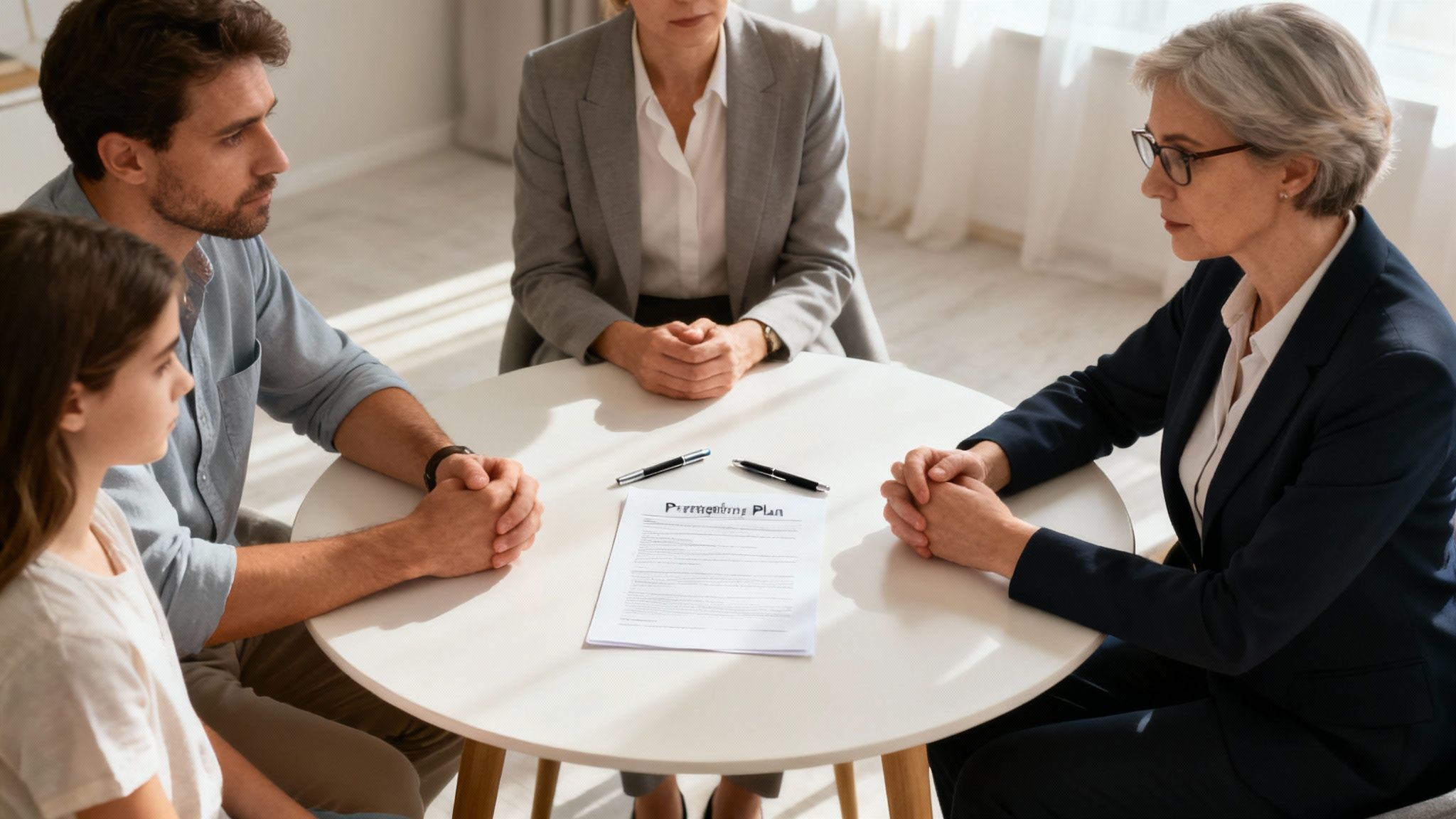 A diverse group of people sitting around a conference table in a bright, modern office.