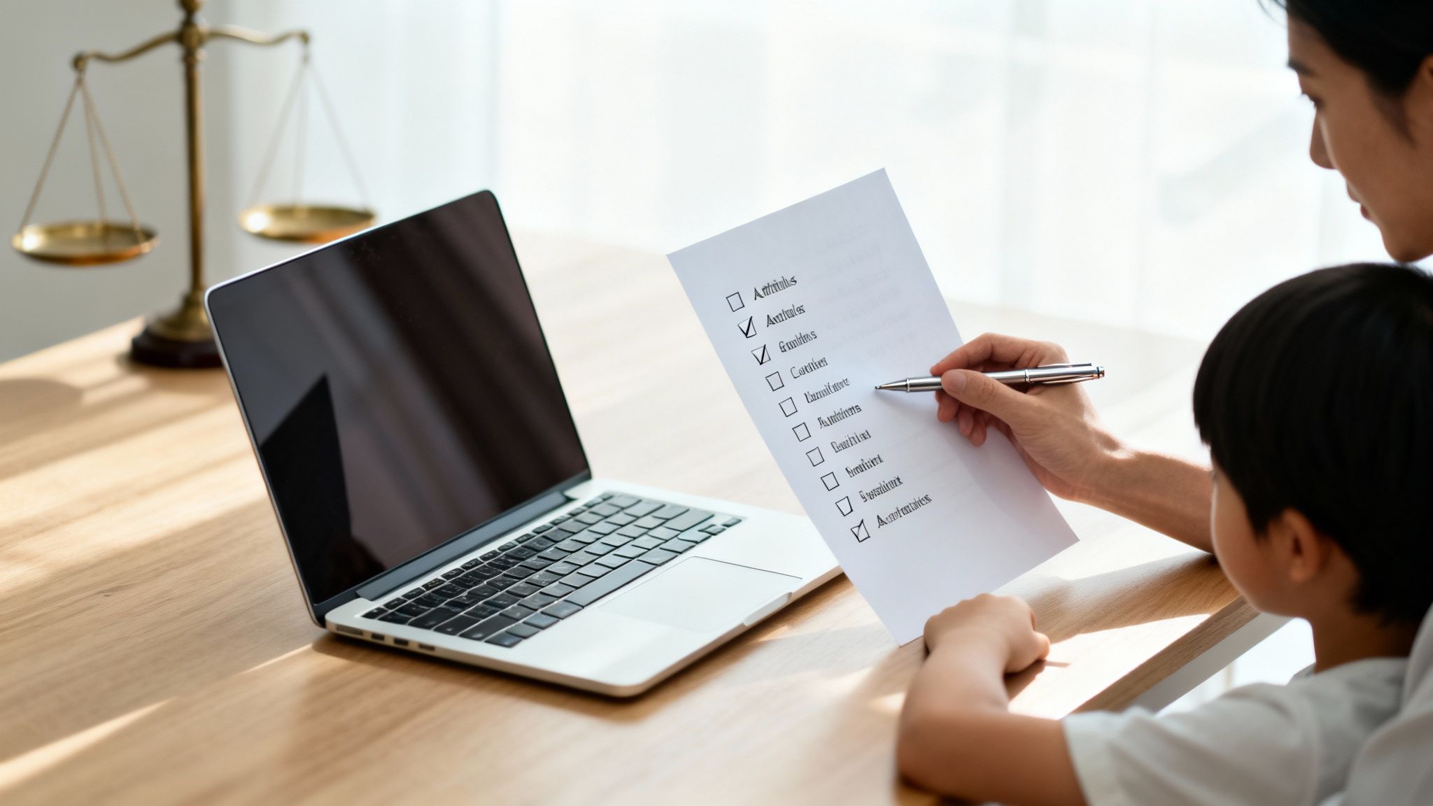 An adult and child review a legal checklist, with a laptop and scales of justice nearby.