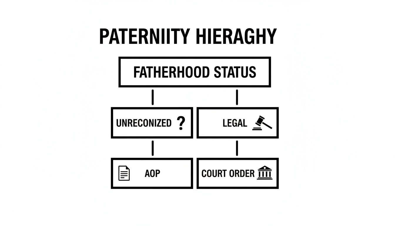 A flowchart illustrates paternity hierarchy, detailing fatherhood status as unrecognized (AOP) or legal (court order).
