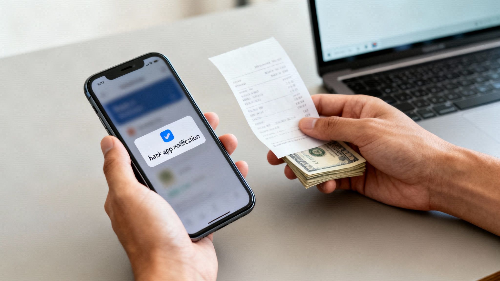 Person holding smartphone displaying bank app notification, receipt in one hand, and cash in the other, illustrating financial management during divorce.
