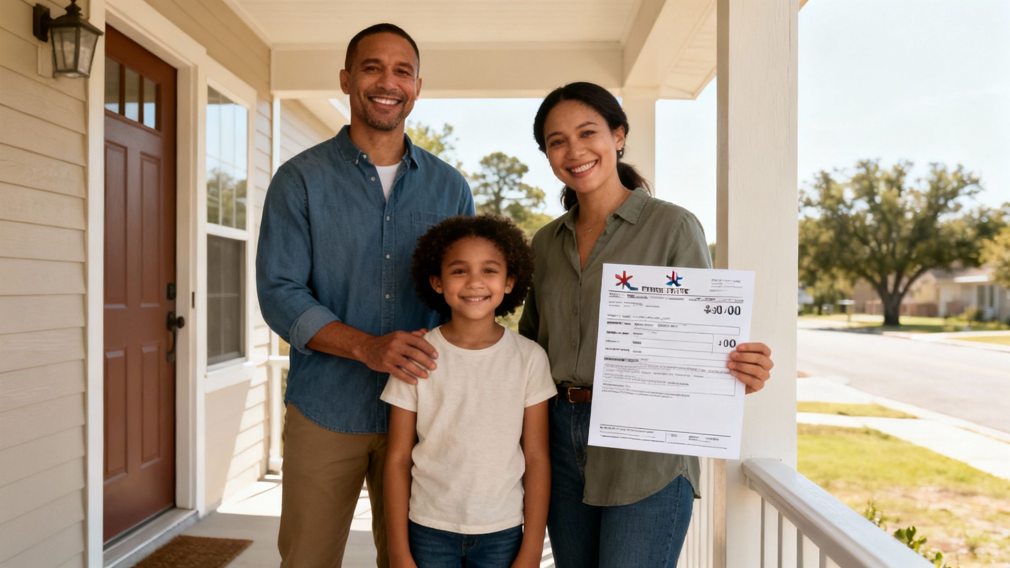 A happy family, including a man, woman, and child, stands on their house porch, holding an official document with a Texas logo.