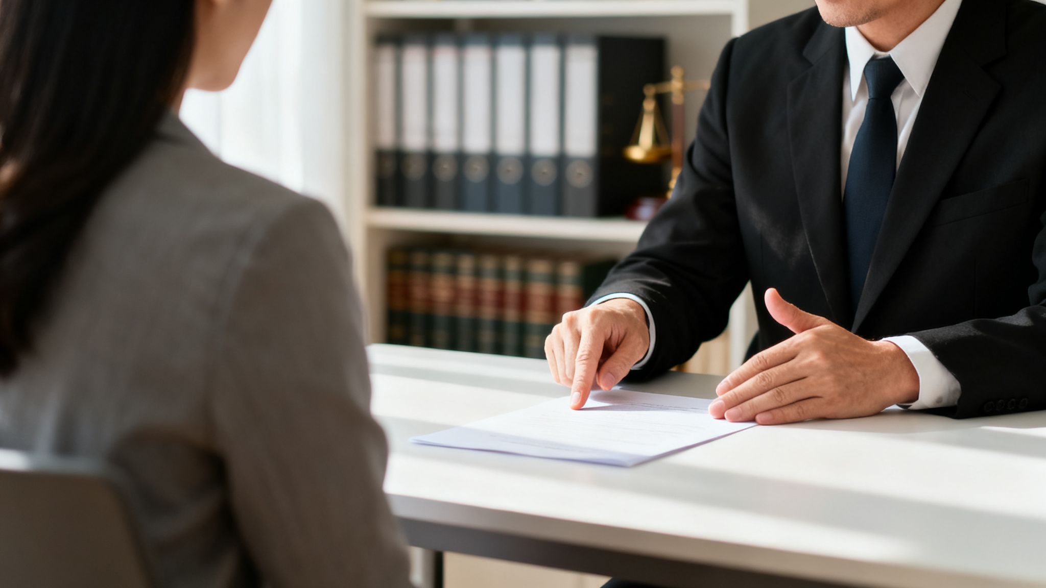 A lawyer in a suit points to a document while consulting with a client in an office.
