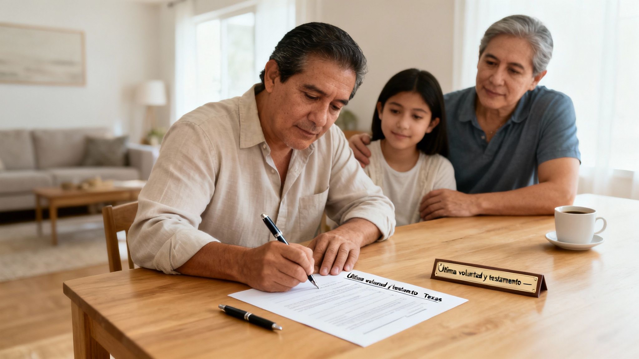 Un hombre hispano firma un documento de última voluntad y testamento, rodeado de su familia.