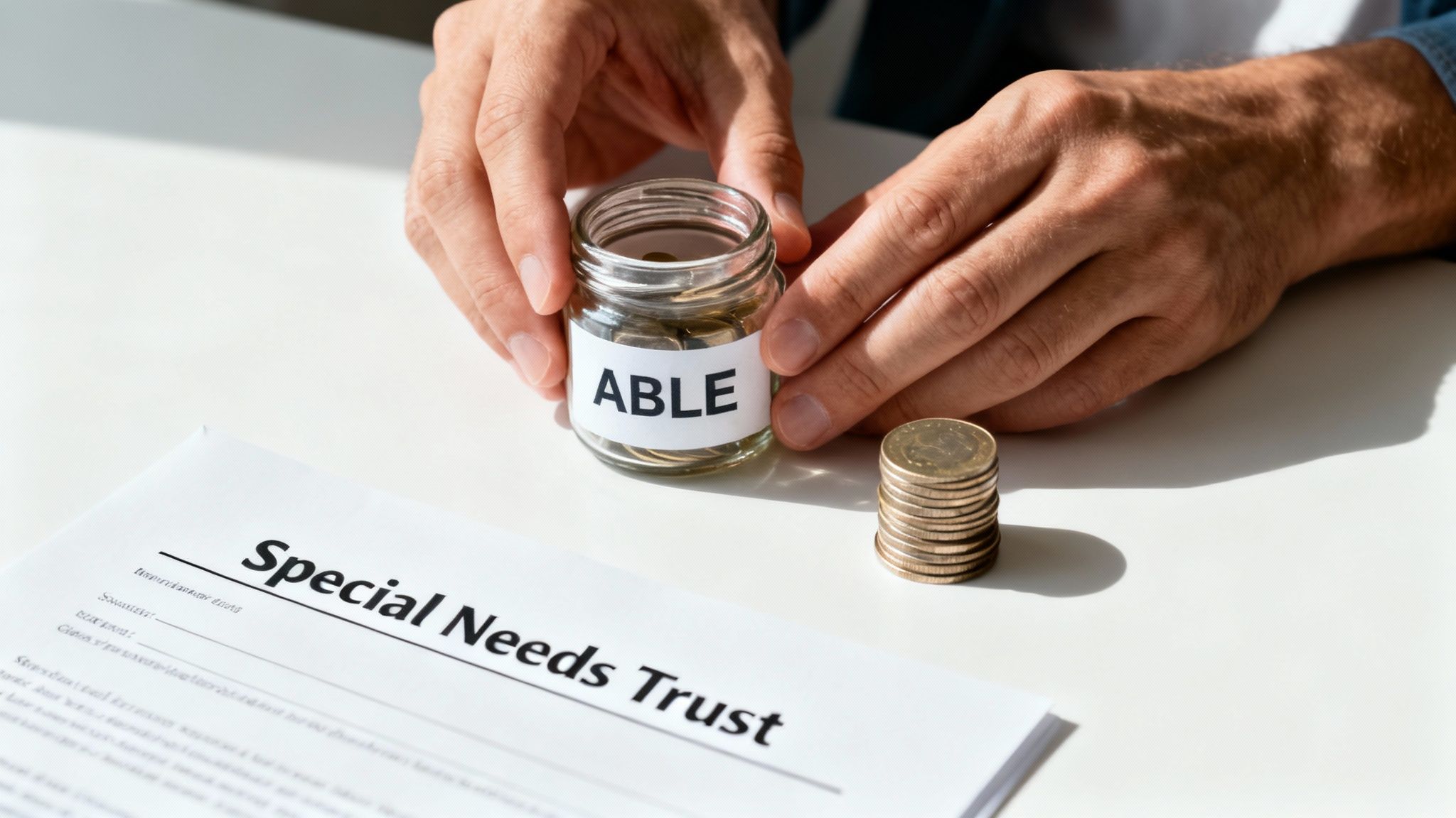 Hands holding a jar labeled "ABLE" filled with coins, next to a "Special Needs Trust" document.