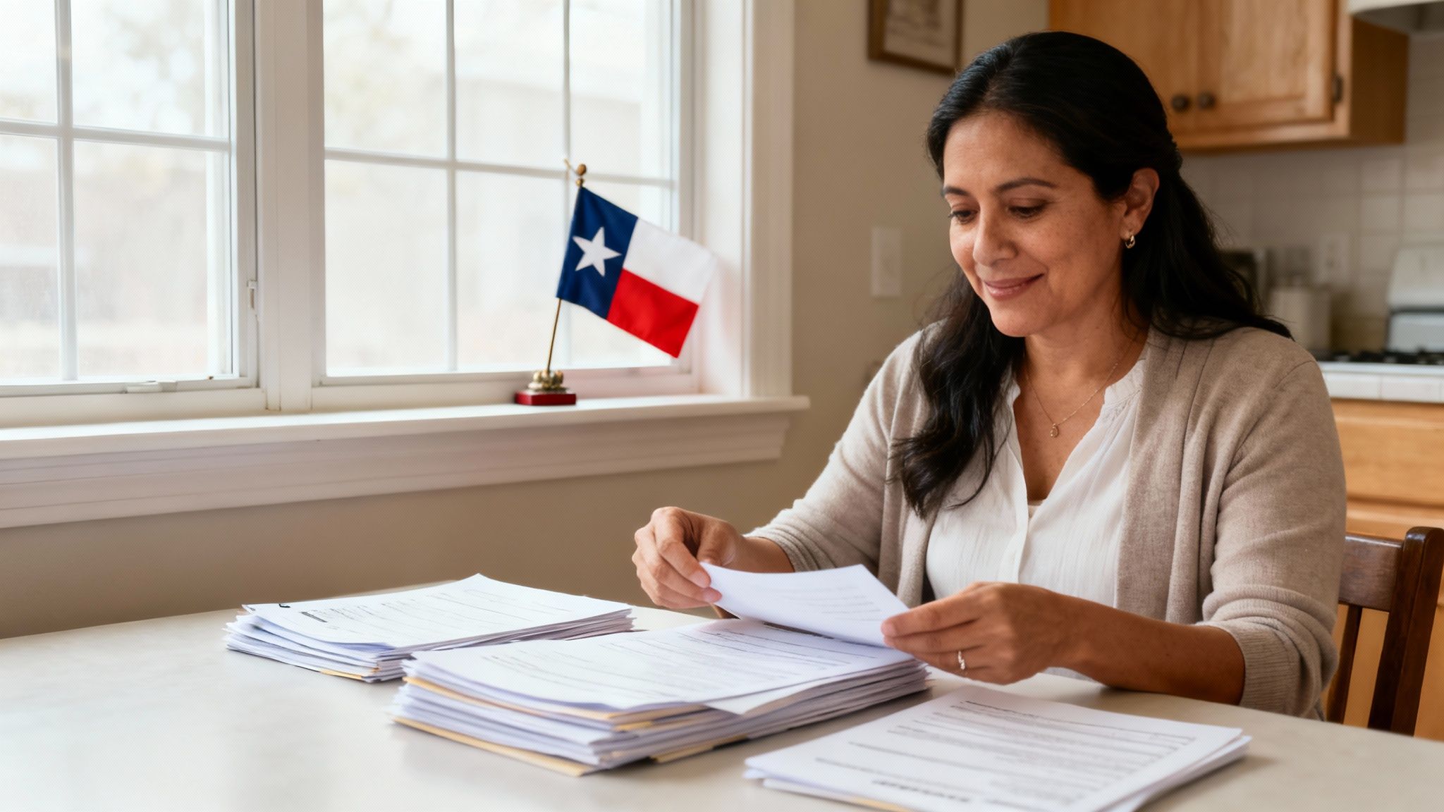 Una mujer sonriente revisa documentos en una mesa, con una bandera de Texas en la ventana.