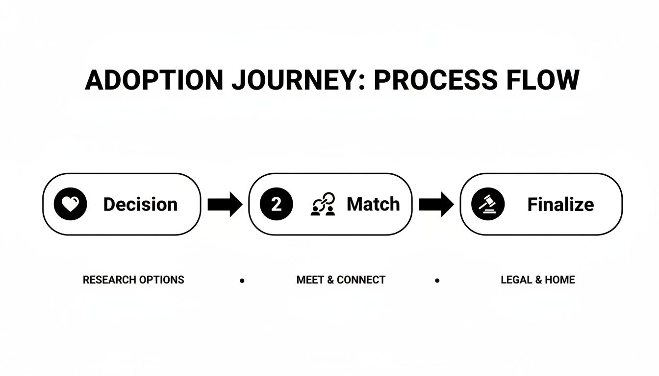 Process flow diagram for adoption journey, showing steps: Decision, Match, and Finalize with icons.