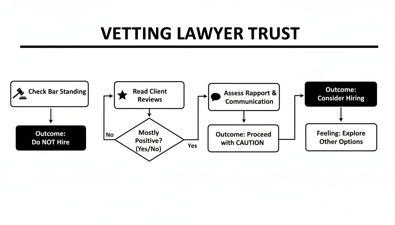 A flowchart on vetting lawyer trust, covering bar standing, client reviews, rapport, and communication outcomes.