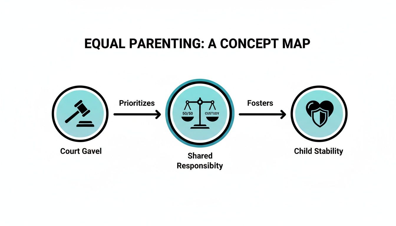 Concept map illustrating how court decisions prioritizing shared 50/50 custody foster child stability in equal parenting.
