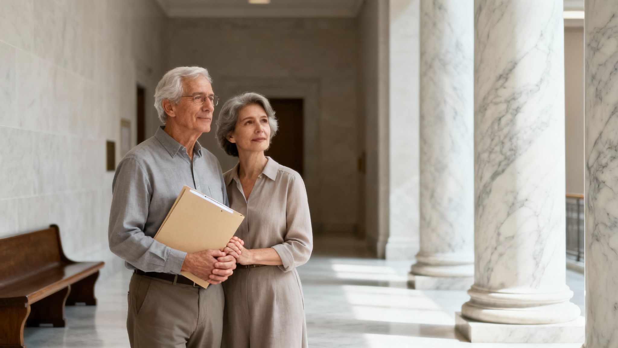 A judge's gavel and sound block on a wooden desk in a courtroom.