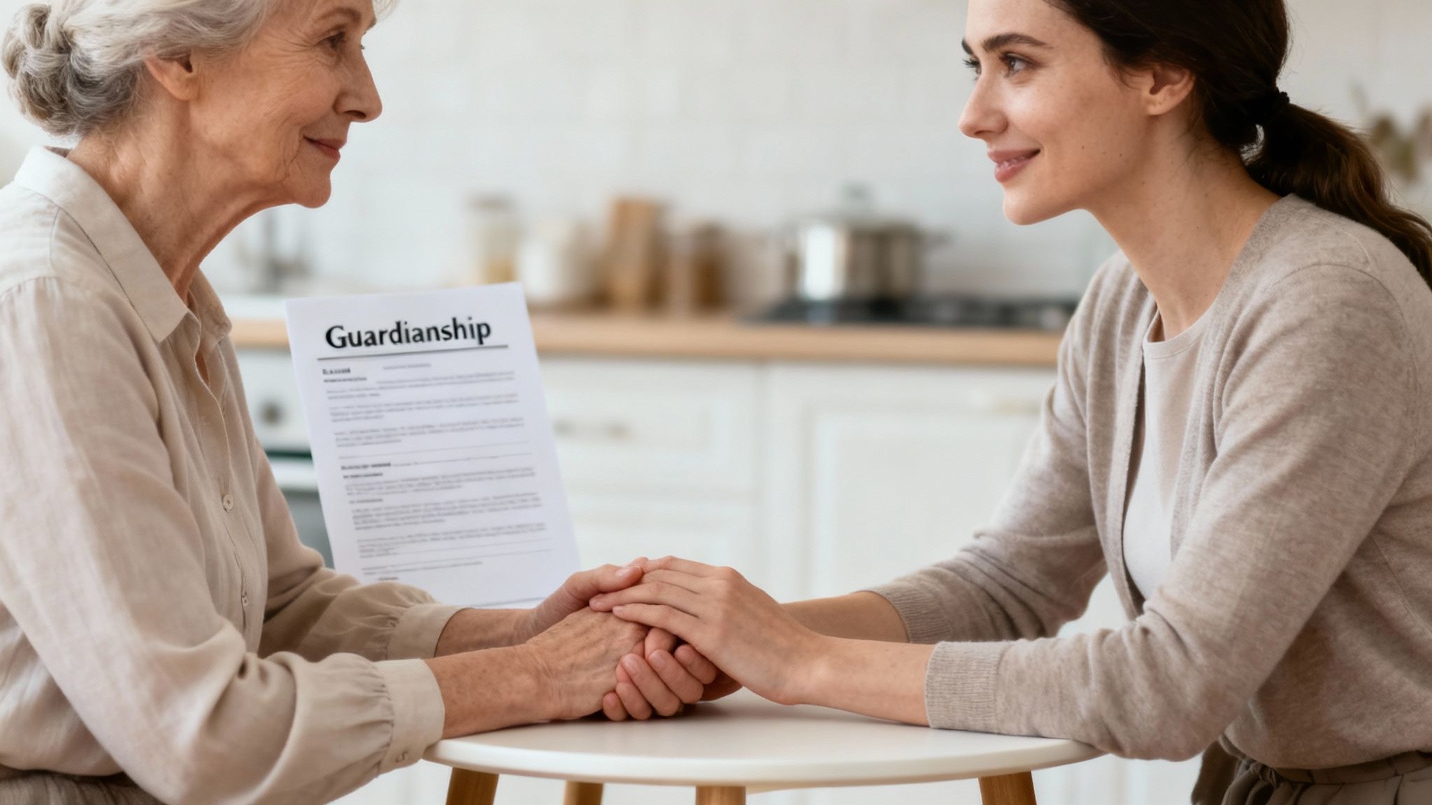 Elderly woman and younger woman holding hands at a table with a guardianship document, symbolizing support and legal guidance for elderly care in Texas.