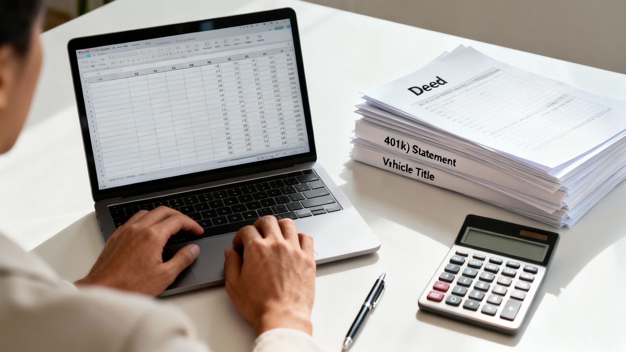 Person typing on laptop, organizing financial documents like deed and 401(k) statement, with calculator.