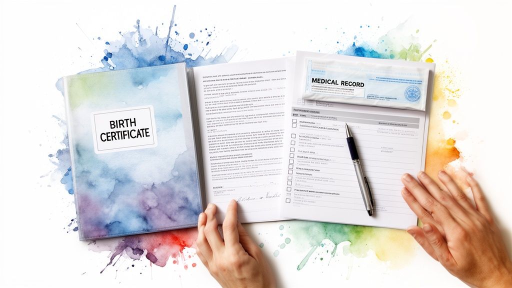 Hands interacting with a birth certificate folder, medical record, and legal documents with a pen.