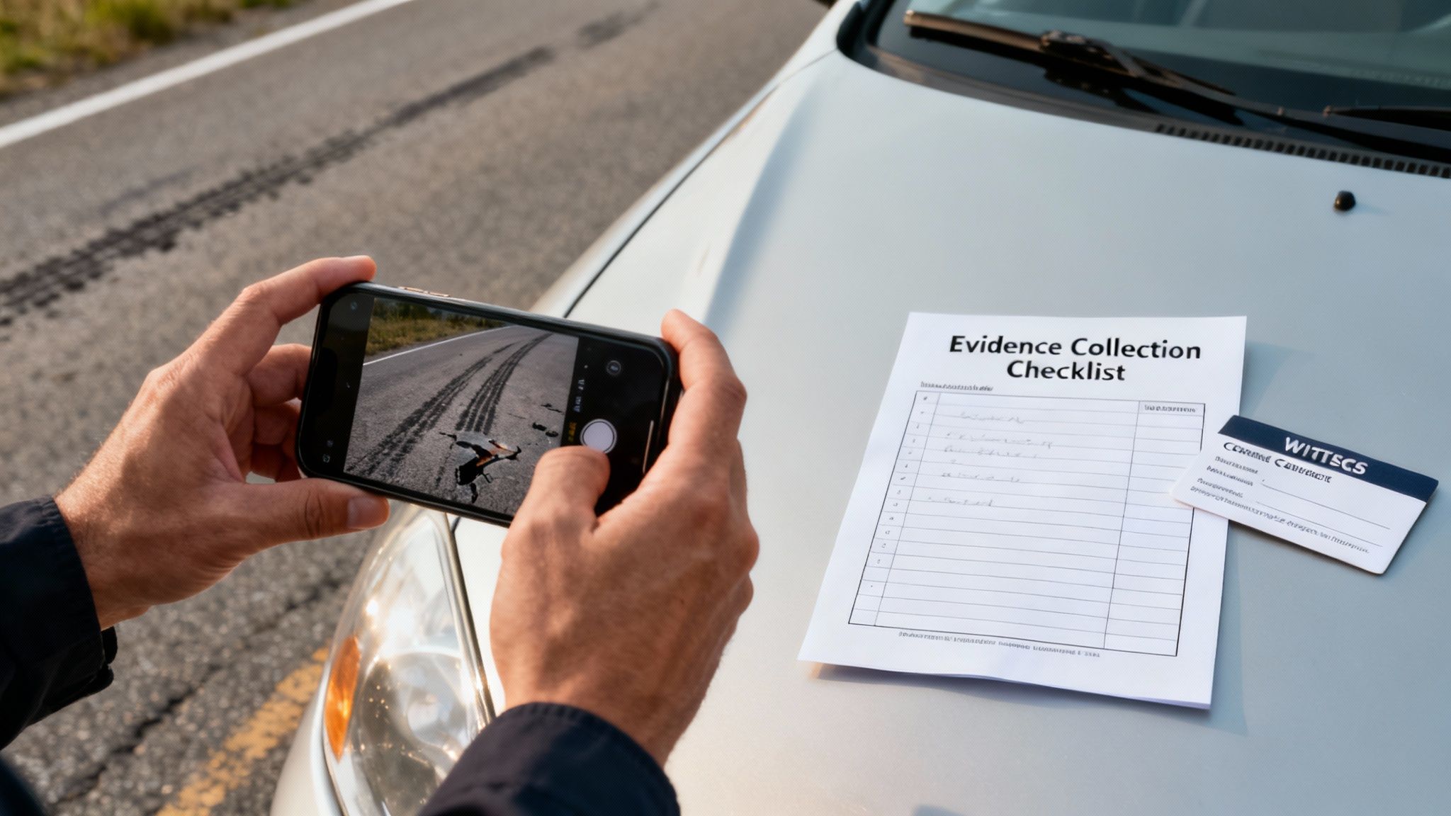 Person photographs road accident scene with phone, documenting tire marks and a deceased animal, next to an evidence checklist.