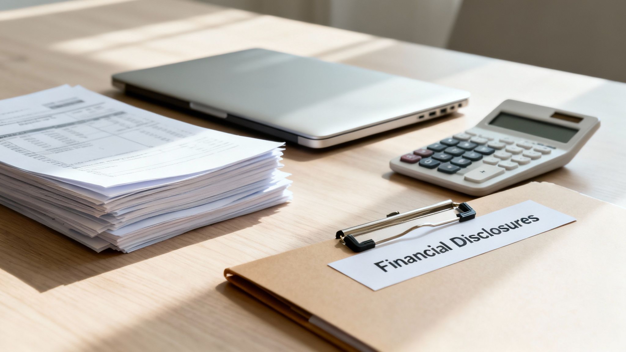 A desk with financial documents, a calculator, a laptop, and a folder labeled 'Financial Disclosures'.