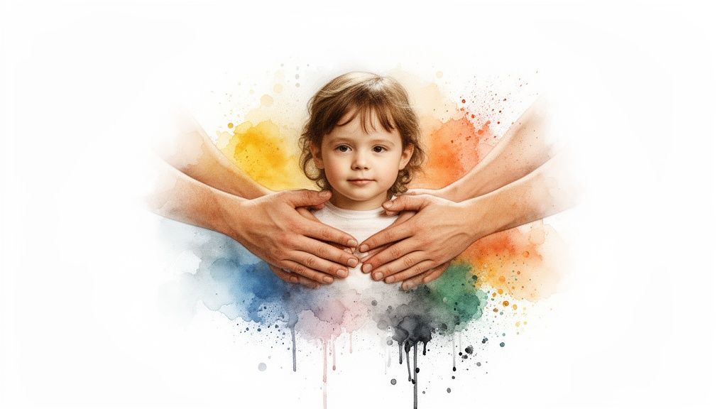Adult hands gently cup a young child against a vibrant, colorful watercolor background, symbolizing protection and care.