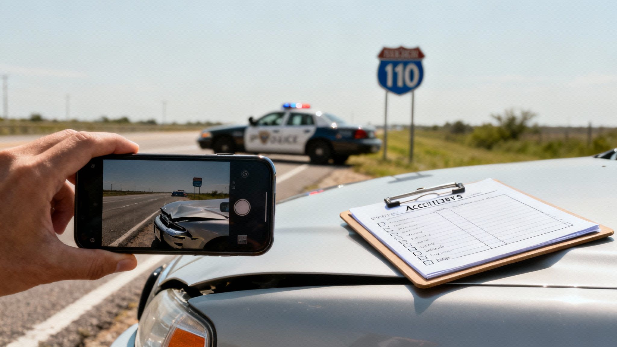 A car accident scene with two damaged vehicles, highlighting the concept of legal fault and liability.