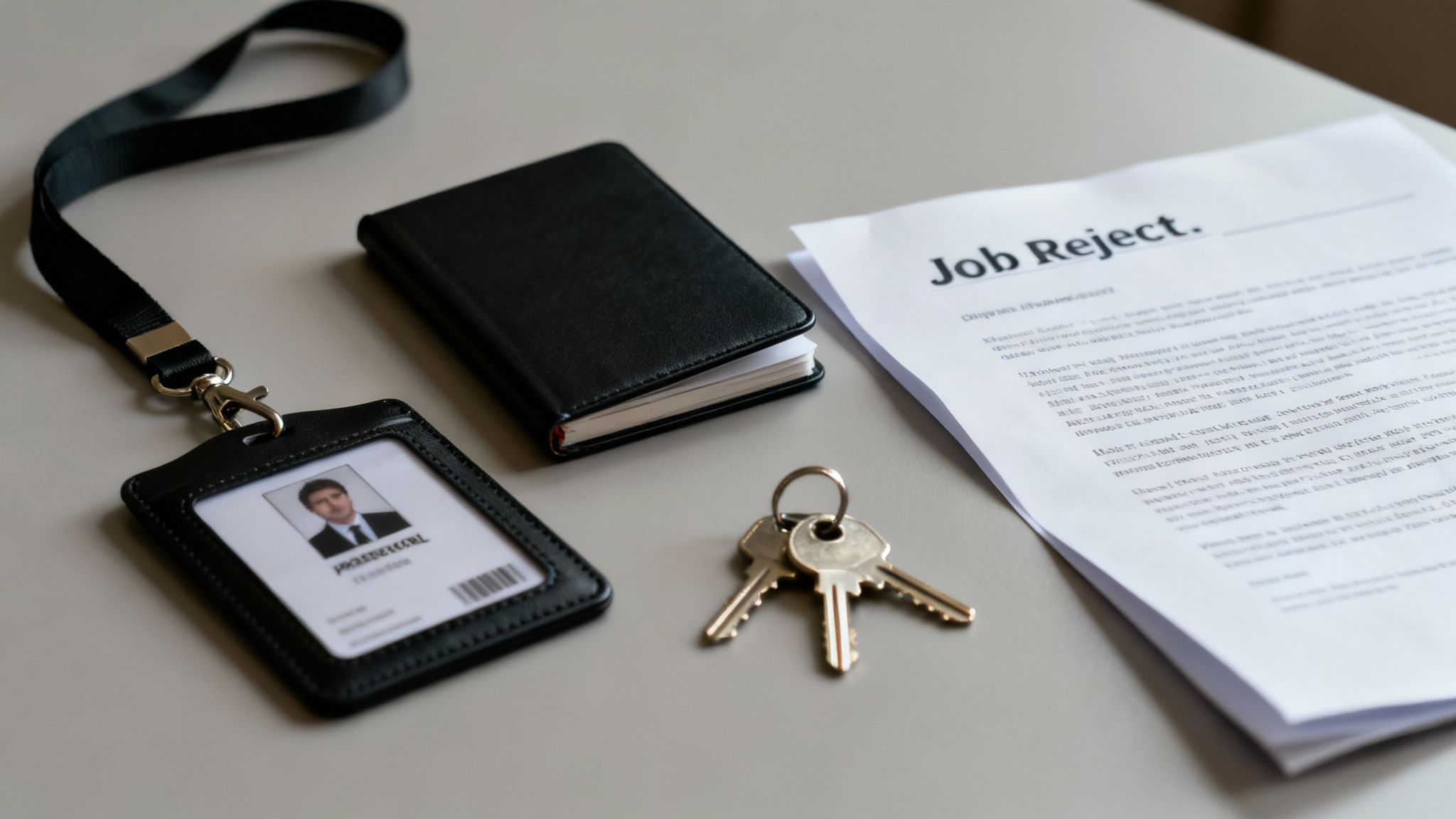 A job rejection letter, ID badge with a man's photo, keys, and notebook on a desk.