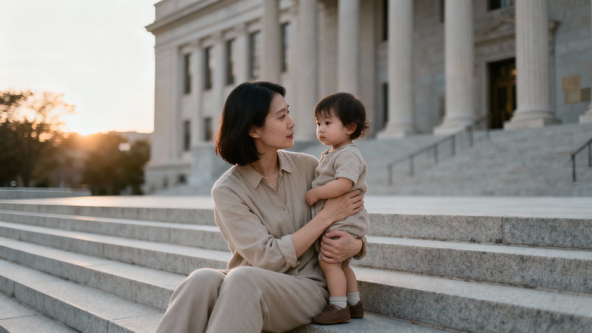 An Asian woman holding a toddler on grand stone steps in front of a classical building at golden hour.