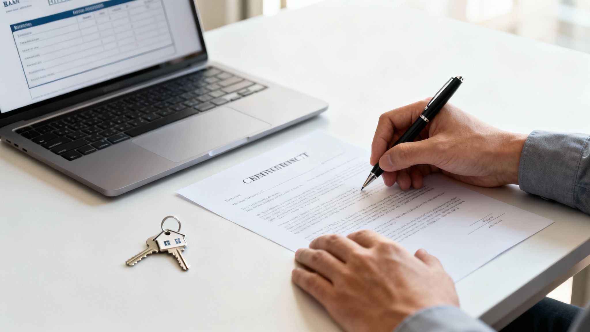 Person signing a trust document on a desk with a laptop and house keys, illustrating the process of setting up and funding a trust for estate planning.