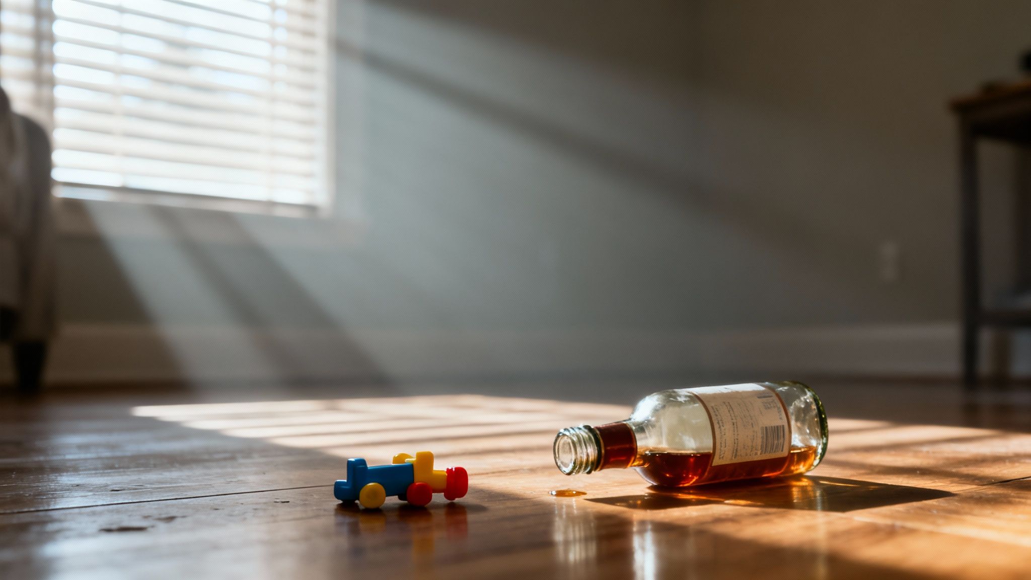 A colorful toy train next to a spilled whiskey bottle on a sunlit wooden floor.