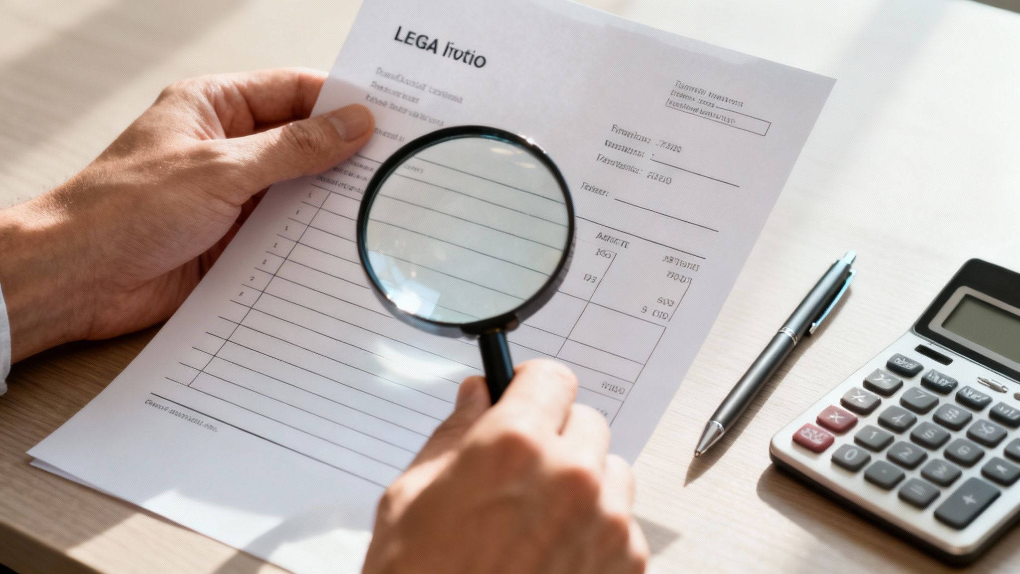 Hands holding a magnifying glass inspecting a financial document, next to a calculator and pen.