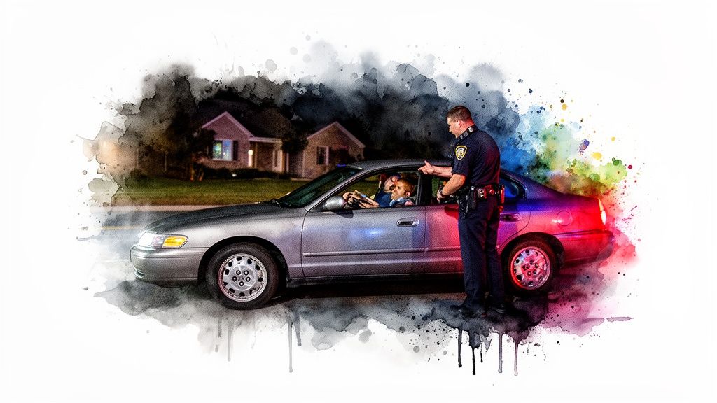 Police officer interacting with driver during nighttime traffic stop, highlighting legal implications for DWI defense and the importance of challenging initial stops.