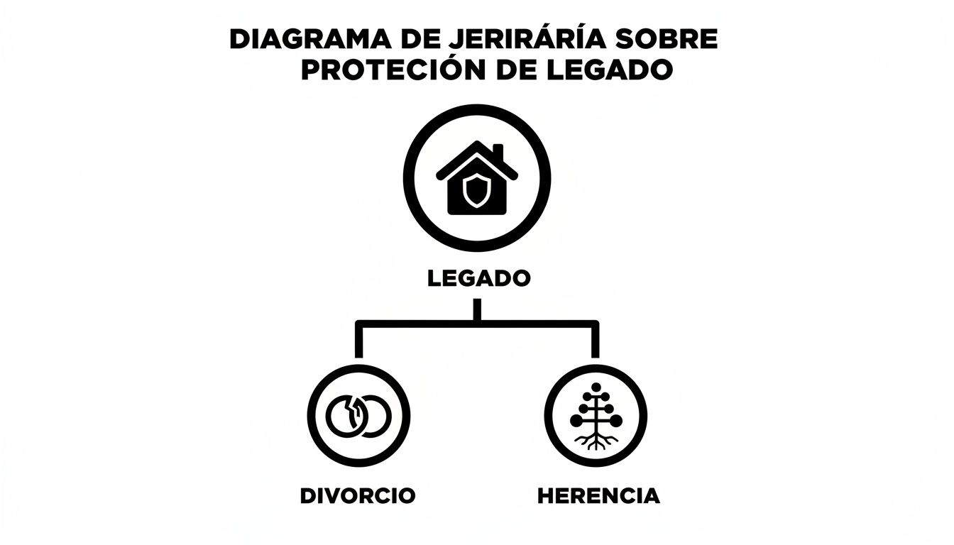 Diagrama jerárquico sobre protección de legado, mostrando sus conexiones con el divorcio y la herencia.