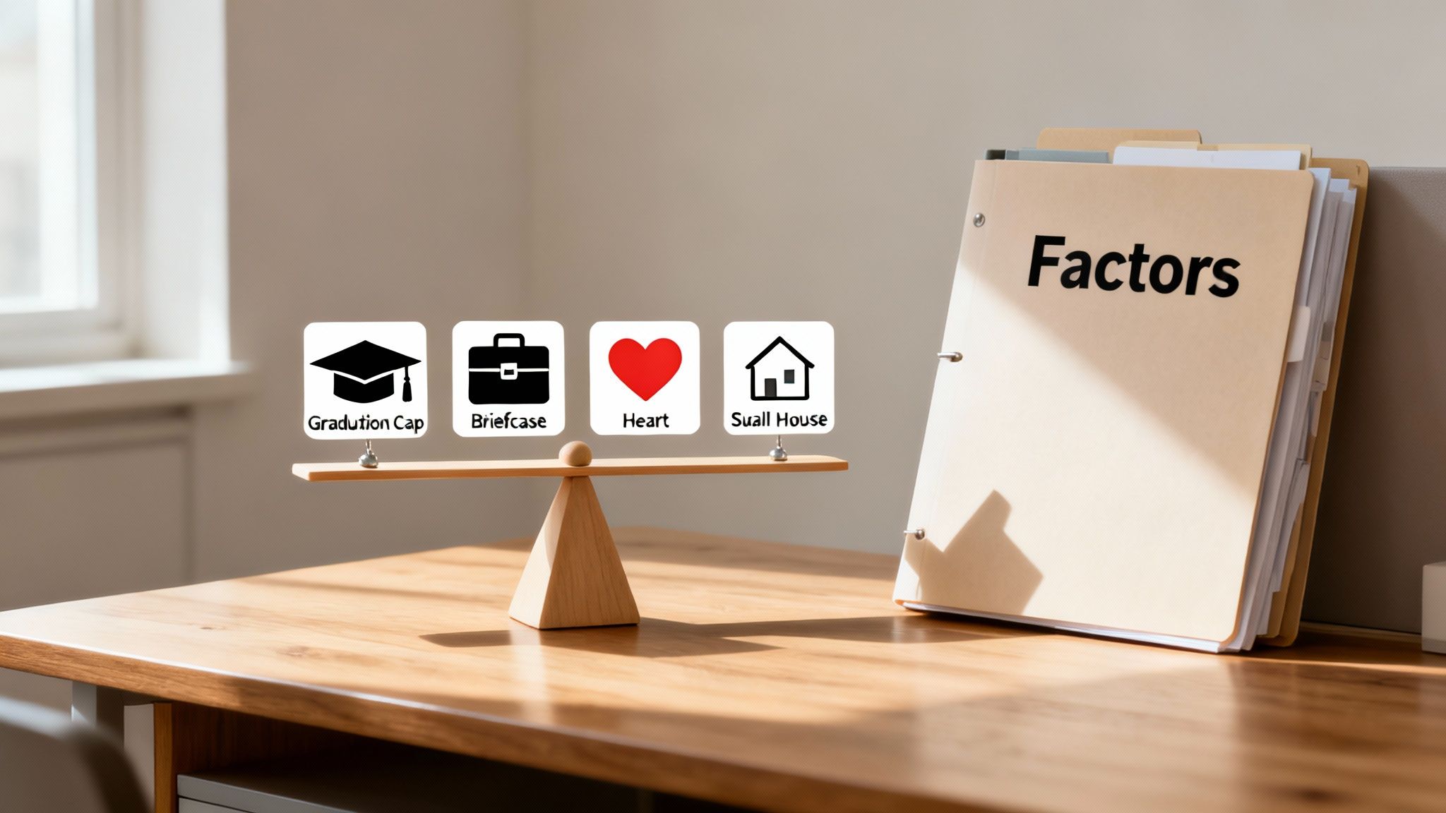 A wooden balance scale on a desk with icons for education, career, love, and home, next to a 'Factors' folder.