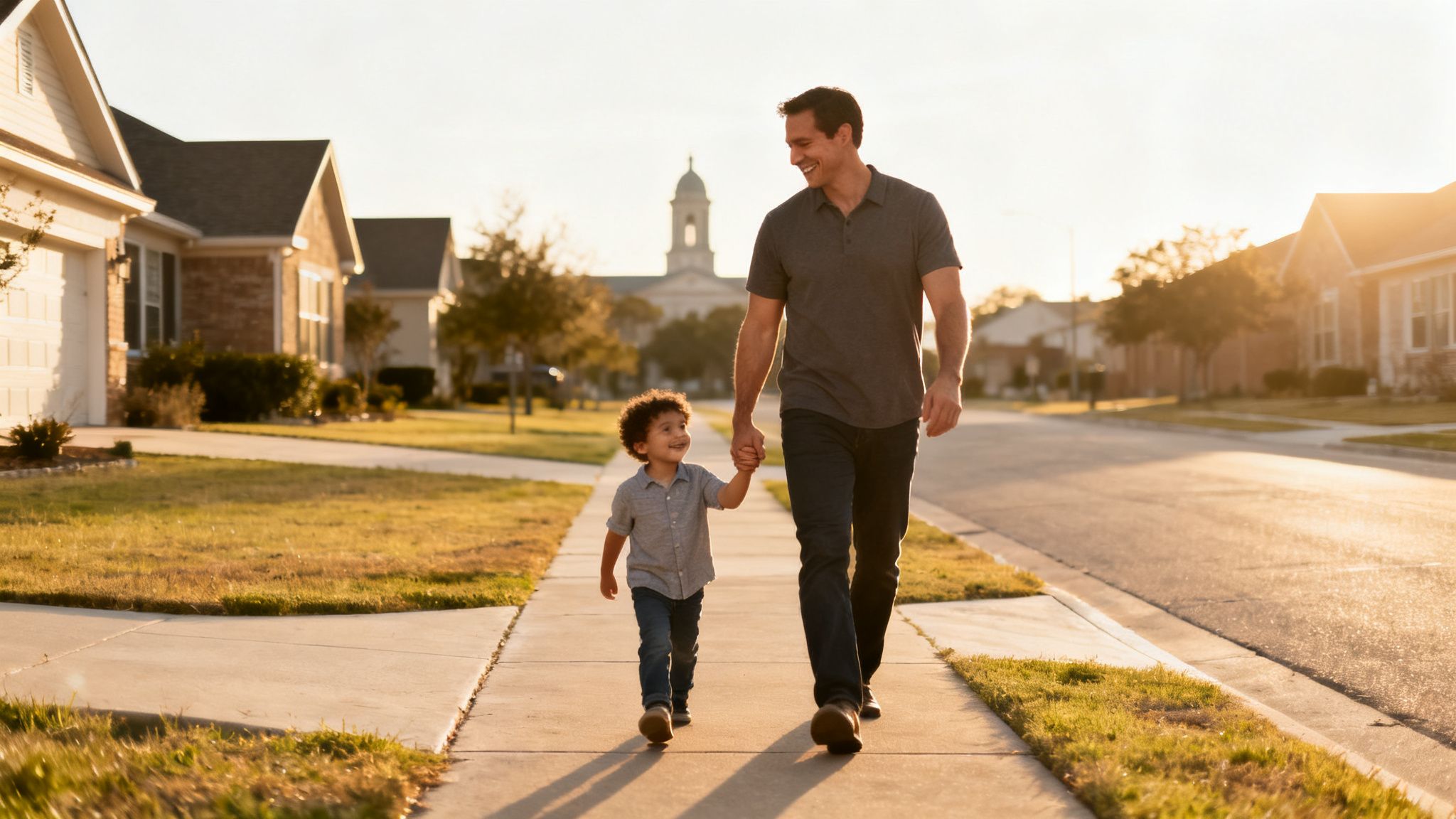 Smiling father and young son walk hand-in-hand on a sunlit suburban street.