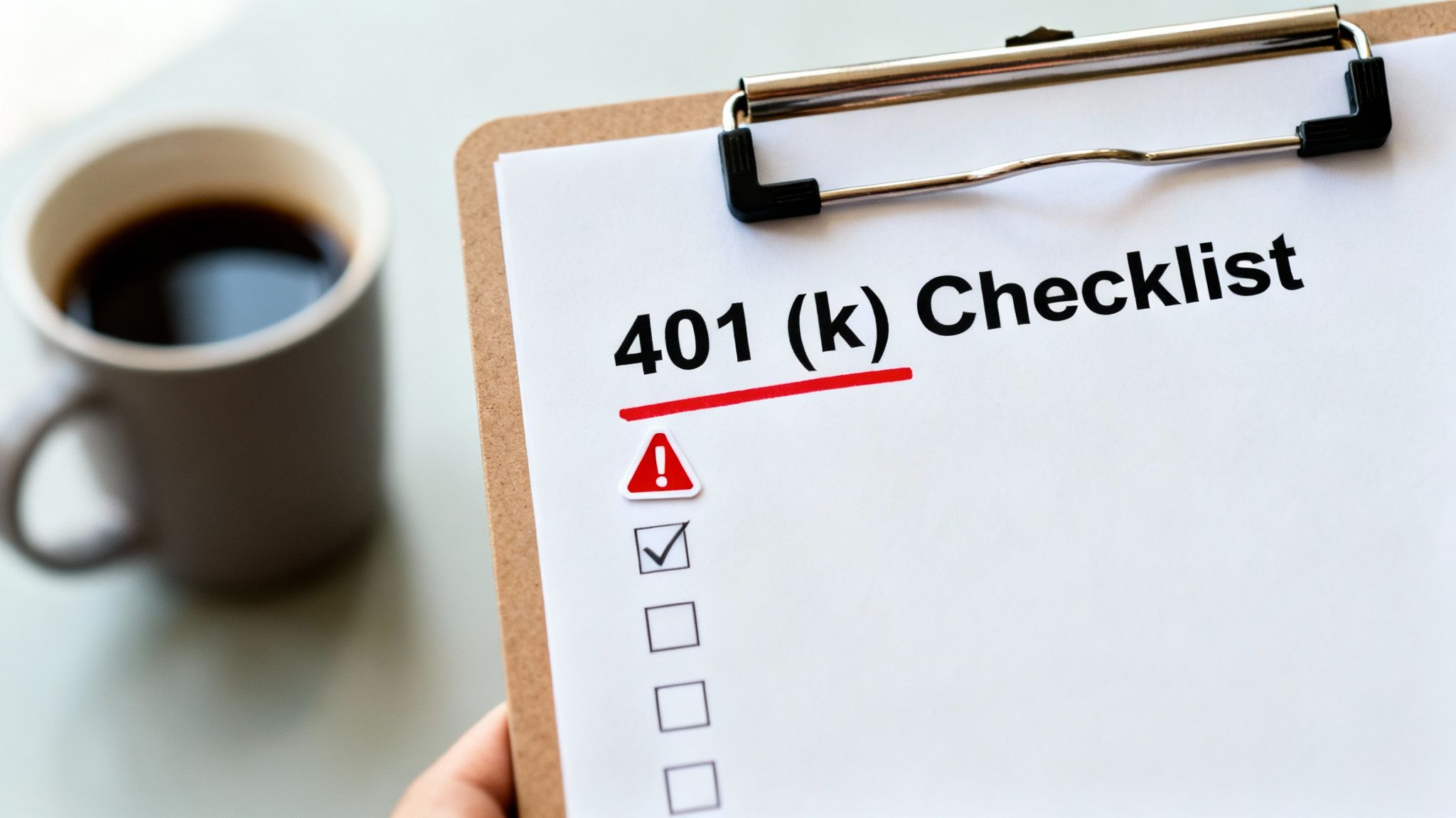 A hand holds a clipboard displaying a '401 (k) Checklist' with a warning symbol and a checked item, beside a coffee cup.