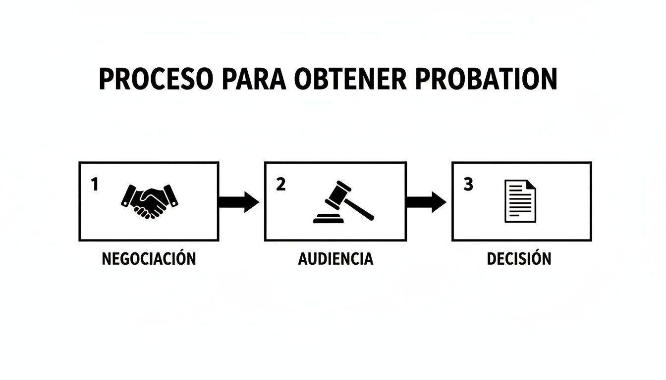 Diagrama de flujo que ilustra el proceso para obtener la libertad condicional: negociación, audiencia y decisión.