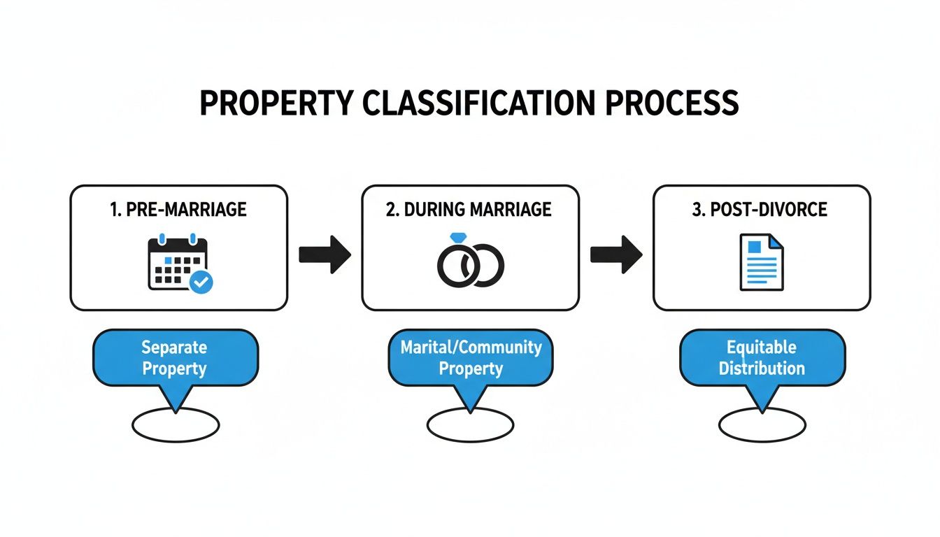 Flowchart illustrating property classification: pre-marriage (separate), during marriage (marital/community), and post-divorce (equitable distribution).