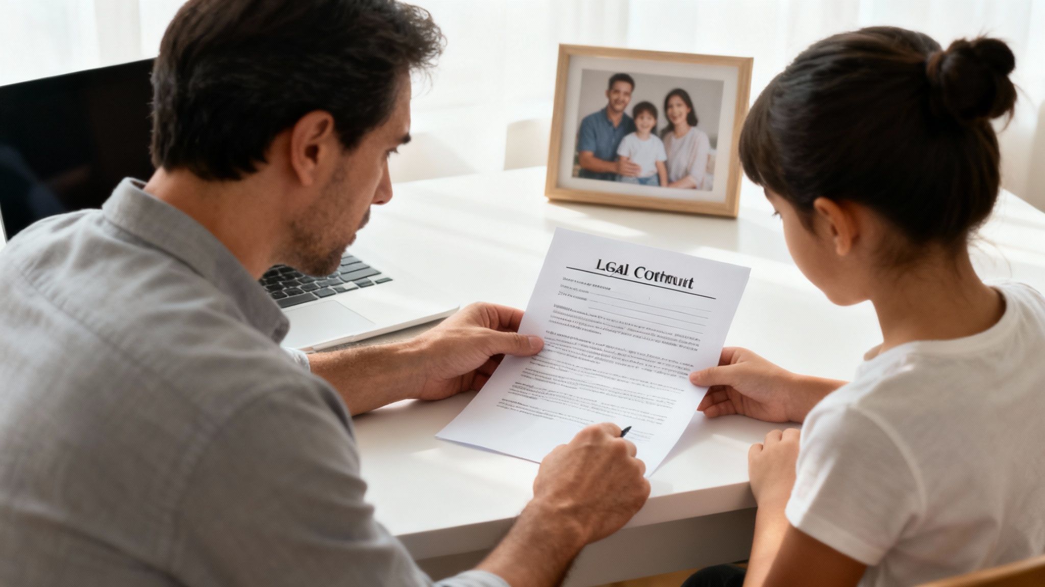 Man and girl reviewing legal document related to emergency custody order, laptop and family photo in background, illustrating family law context in Texas.