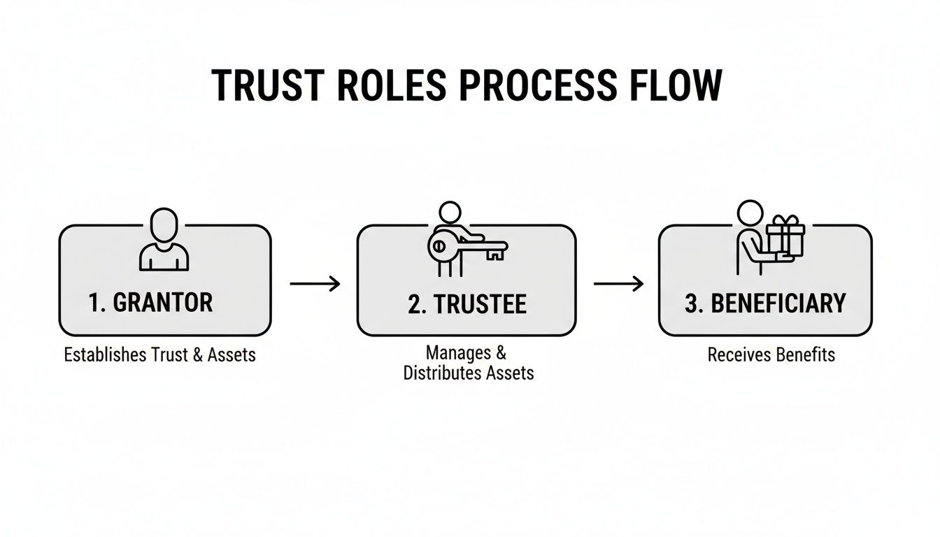Flowchart illustrating the three roles in a trust: Grantor, Trustee, and Beneficiary, and their actions.